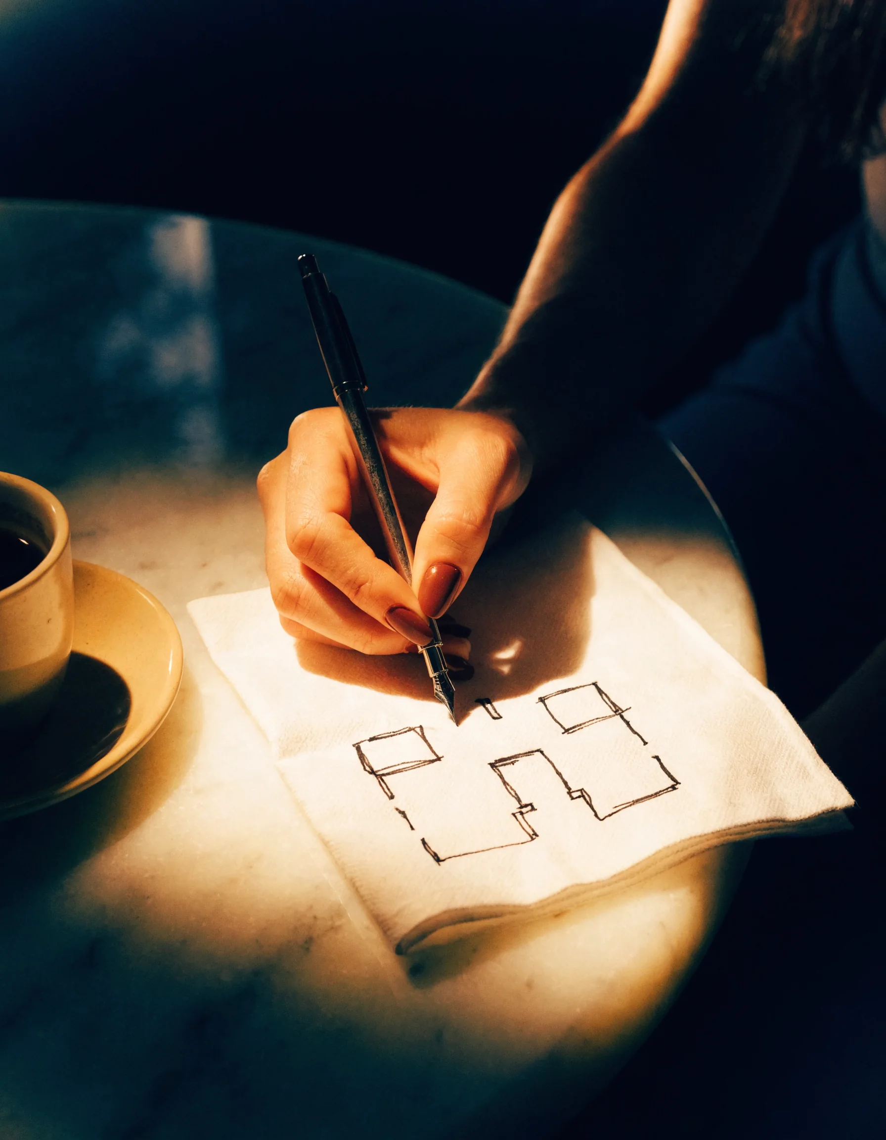 A hand sketching a restaurant on a napkin