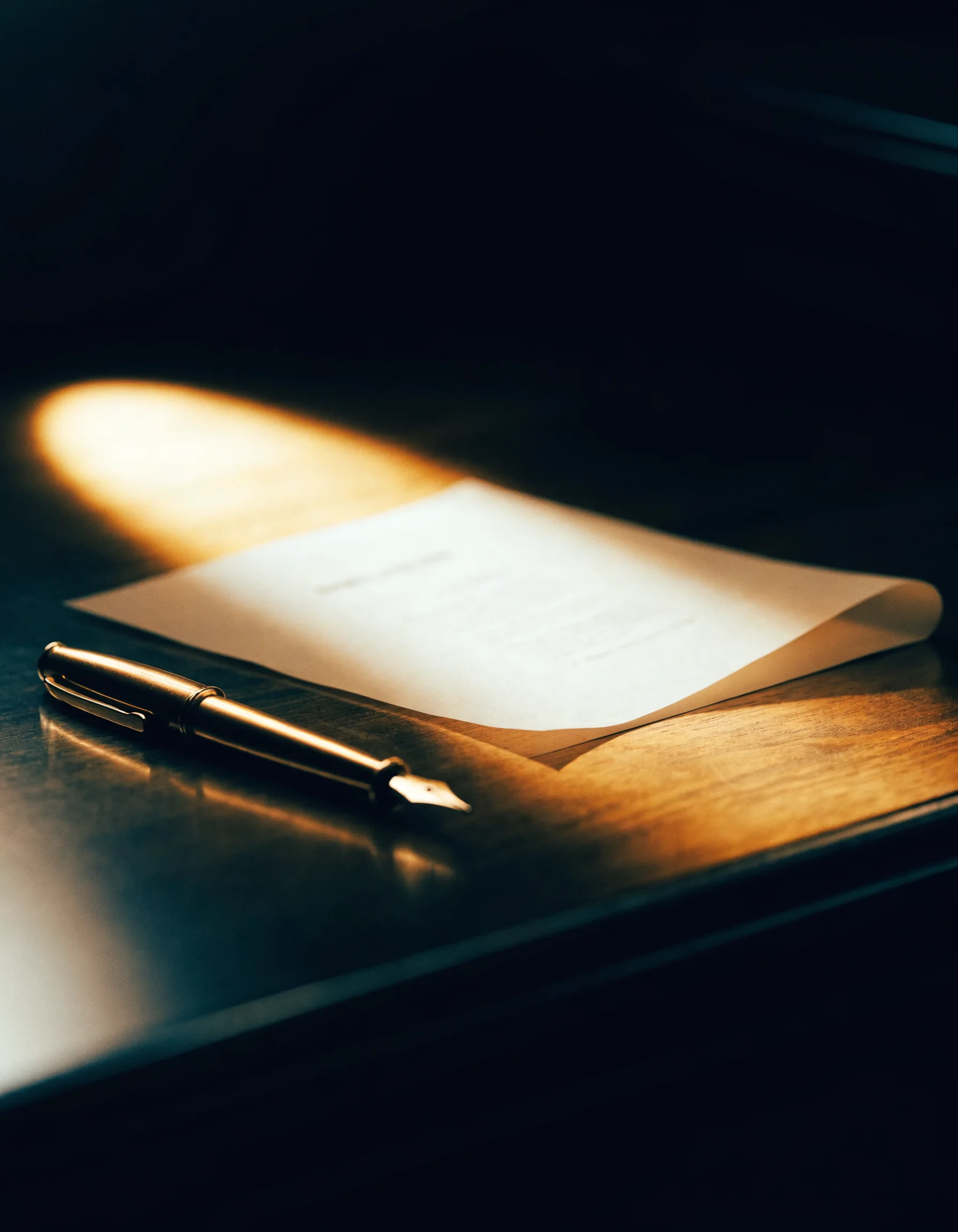 A single clean document on a desk in warm light