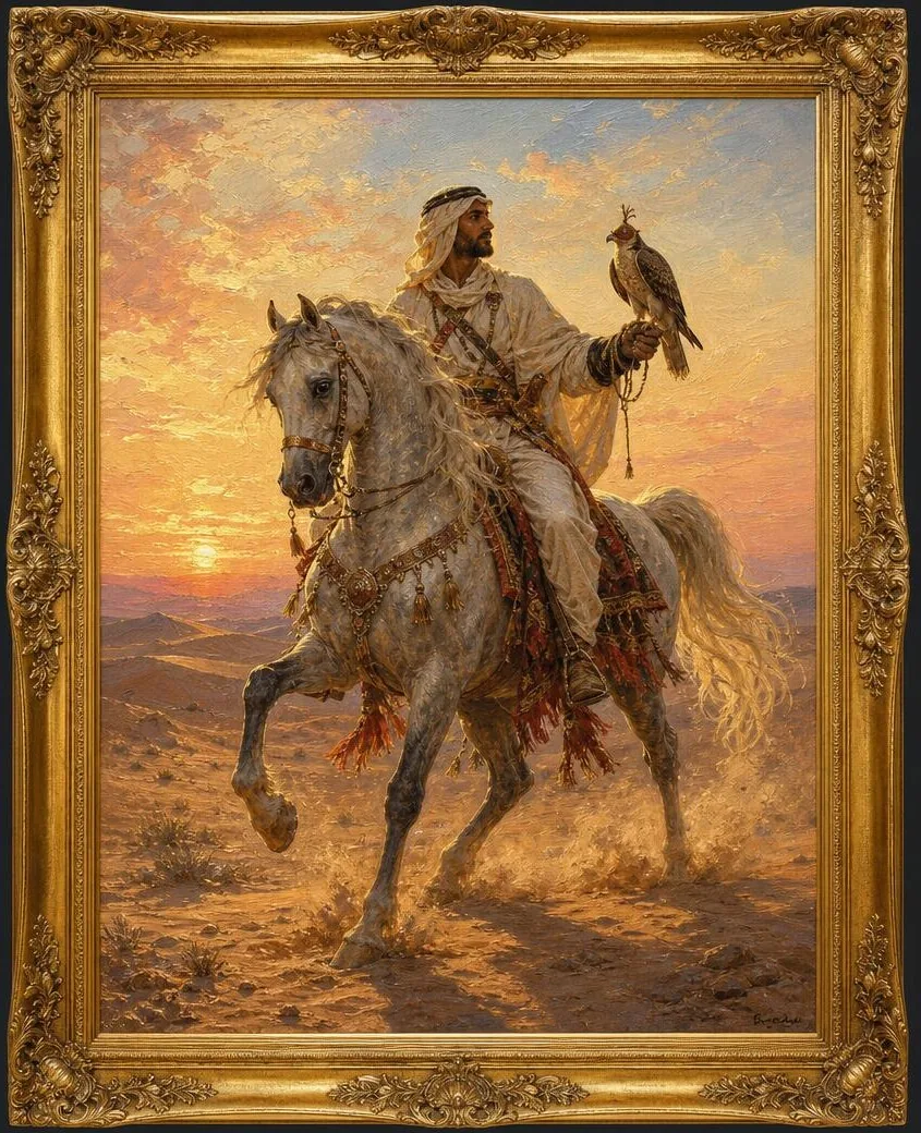Qatar, falconer on an Arabian stallion