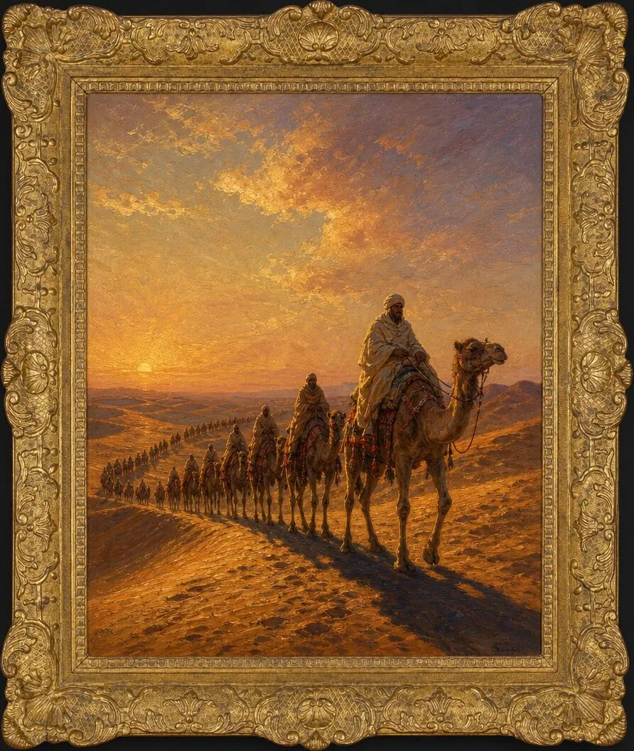 United Arab Emirates, desert caravan at dusk